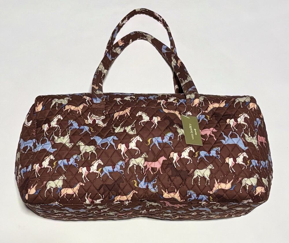 Vera Bradley Galloping Horses Original Duffel Tote Bag Quilted Cotton Brown Pink